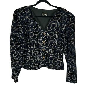 Vintage Joseph Ribkoff Metallic Velour Button Front Blazer Jacket Size 10 Blue